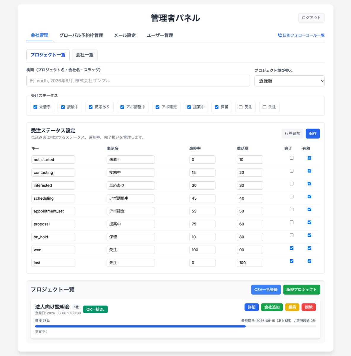 Company management screen for applications