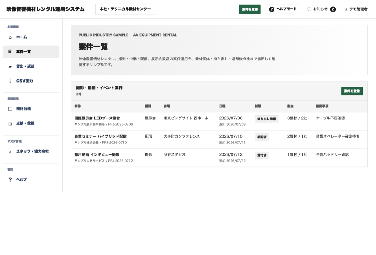 Management screen for inventory and projects